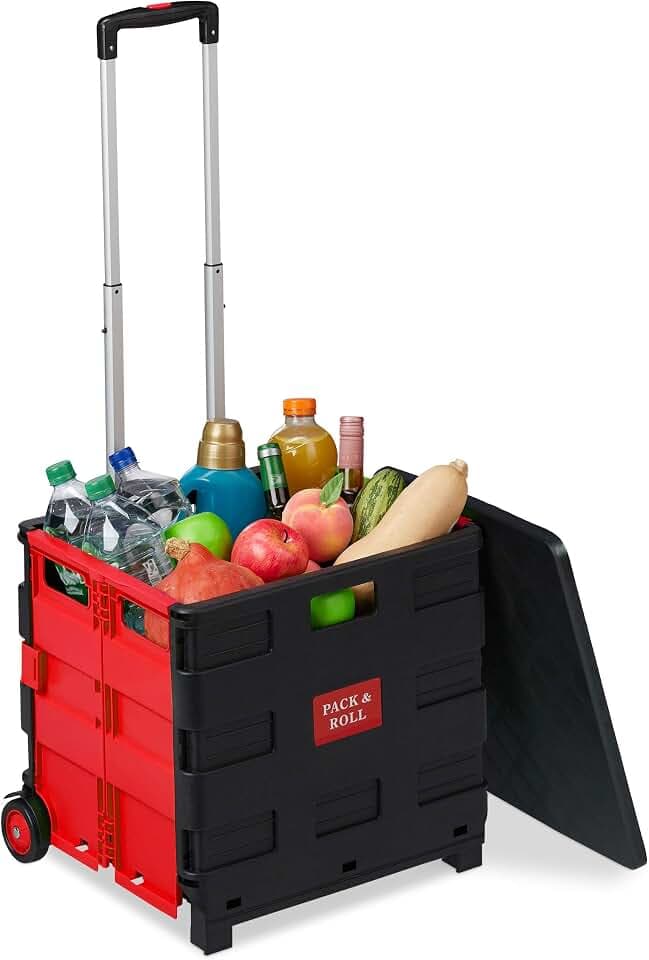 Relaxdays Einkaufstrolley klappbar, bis 35 kg, 50 l Kiste, mit Teleskopgriff, 2 Rollen, Transport Trolley, rot/schwarz