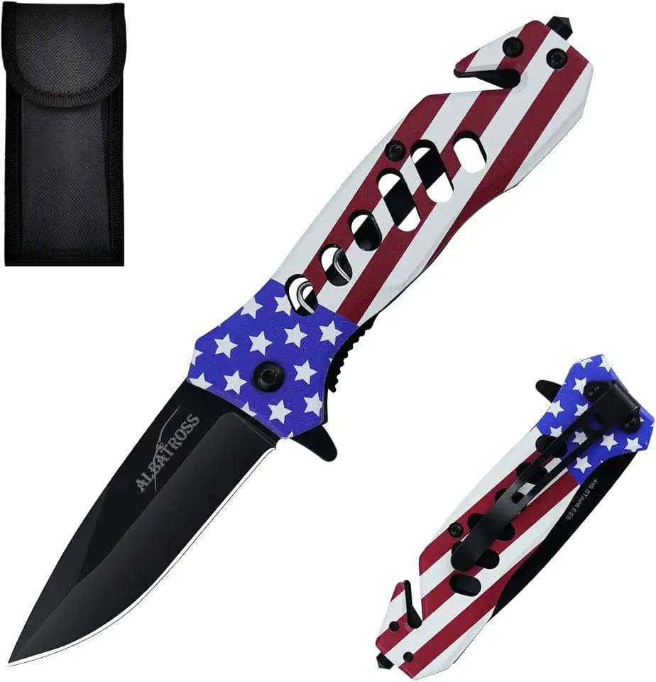 ALBATROSS Folding Pocket Knife with American Flag Handle, EDC Sharp Blade, Liner Lock, Glass Breaker and Seatbelt Cutter, Gifts for Man Women