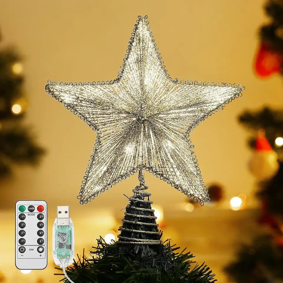 Lewondr Led Stern Christbaumspitze, 25,4cm Glitzernder Weihnachtsbaum Topper mit Timer Glitzerstern Batteriebetrieb Beleuchtung Weihnachtsdeko Stern Weihnachtsbaumspitze für Zuhause Innen,​Silber