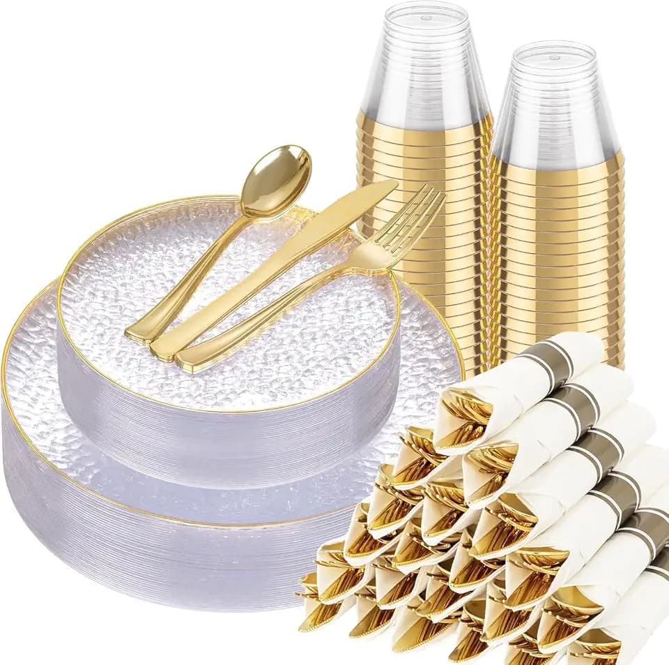 Hioasis 175 Pcs Clear Gold Plastic Plates for Wedding & Party
