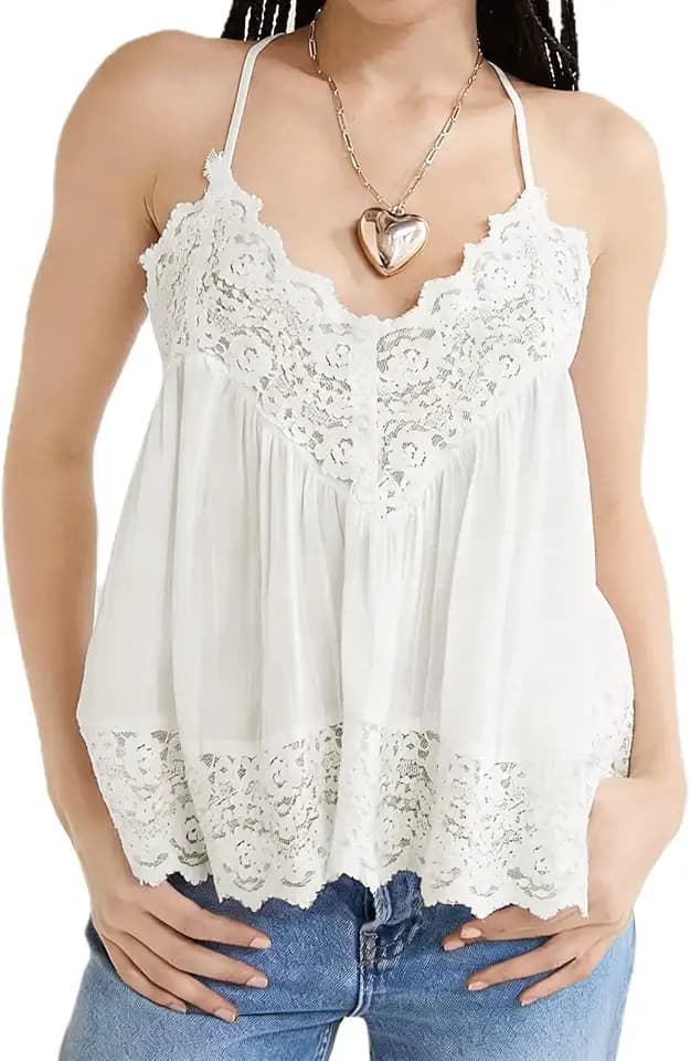 Women Sleeveless Tank Tops Lace Solid Color See Through Spaghetti Strap Cami Shirts V Neck Backless Smocked Tops