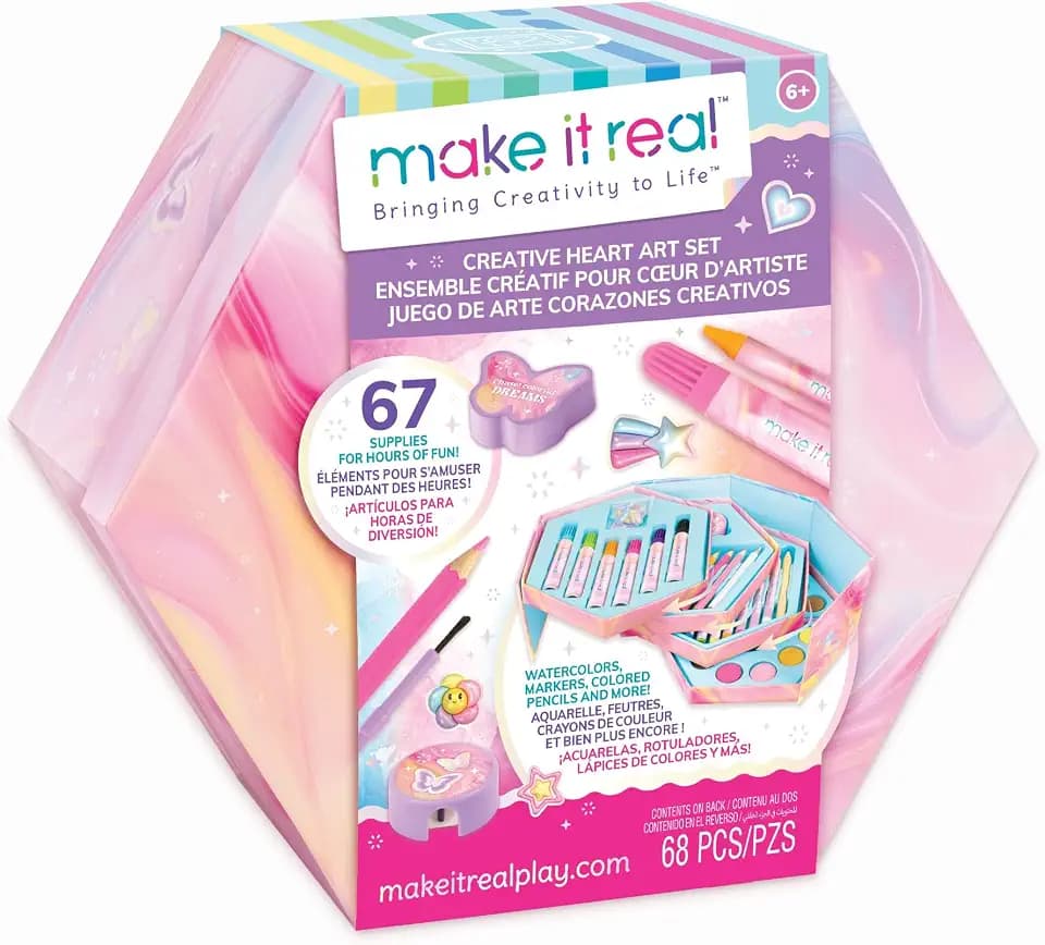 Make It Real: Creative Heart Art Set - 68pc Supplies Kit, Hexagon Stacked Trays Studio, Watercolors-Color Pencils-Markers-Stickers, Tween-Girl-Kids 6+