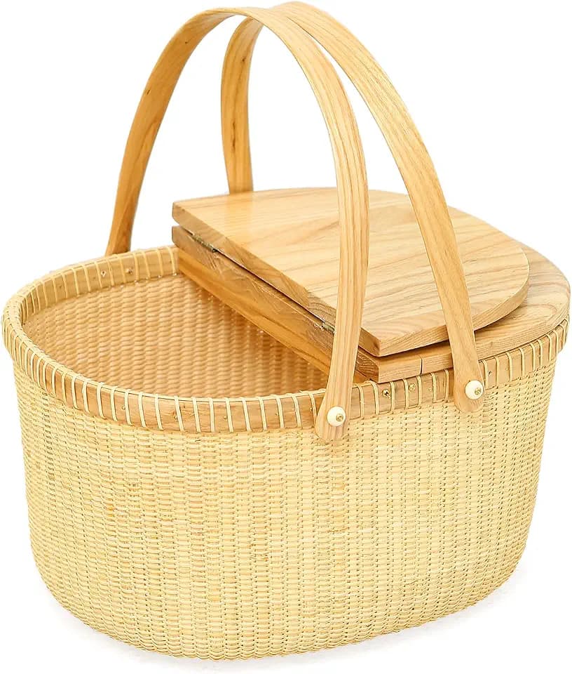 Nantucket Basket Picnic Basket Perfect for Picnic, Camping, or Any Other Outdoor Cane-on-Cane Weave Picnic Basket with Lid and Handle (Hard ash
