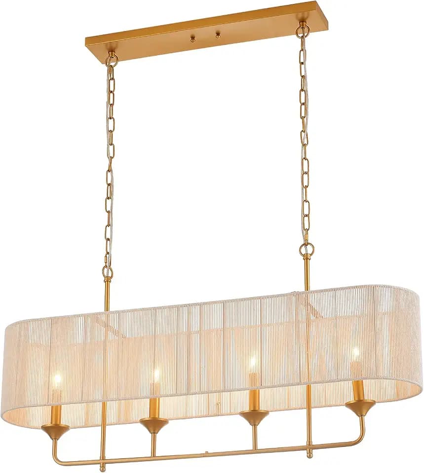 42” Boho Chandelier Brass and White Hand Woven Rattan Pendant Light Linear Large Island Light for Dining Room Kitchen Island Living Room, UL Listed