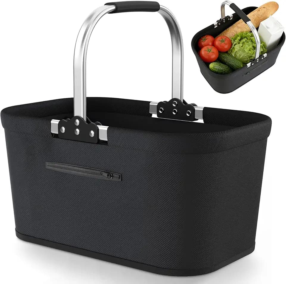 Einkaufskorb Faltbar 30L Groß Einkaufskorb Picknickkorb Tragekorb, Praktischer Klappkorb Einkaufstasche mit Aluminiumgestänge Tragegriffen, Familie Einkaufstasche für Camping Picknick(Schwarz)