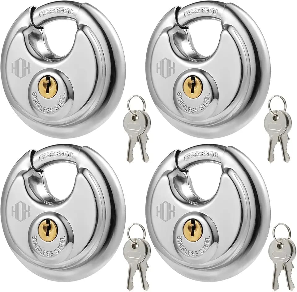 HOX Keyed-Alike Disc Padlock, Hardened Steel Shackle, 4-Pack