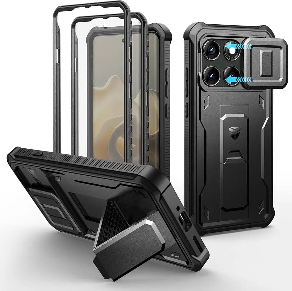 Dexnor for Motorola Moto Edge 2025 Case, [2 Front Frame] [Built-in Magnetic Slide Camera Cover & Kickstand] Heavy Duty Protection Shockproof Phone Case with Screen Protector, 6.7 inch Black