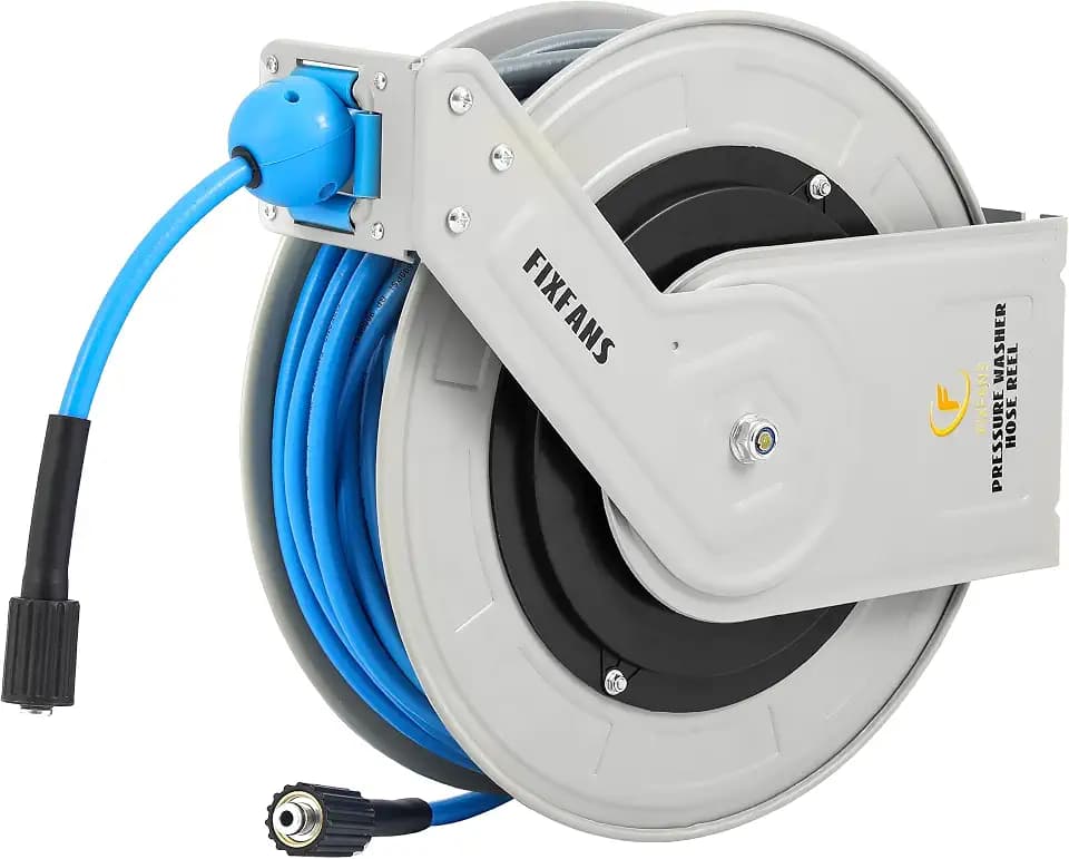 FIXFANS Pressure Washer Hose Reel with Hose 1/4"×100ft, Auto Rewind 3600PSI