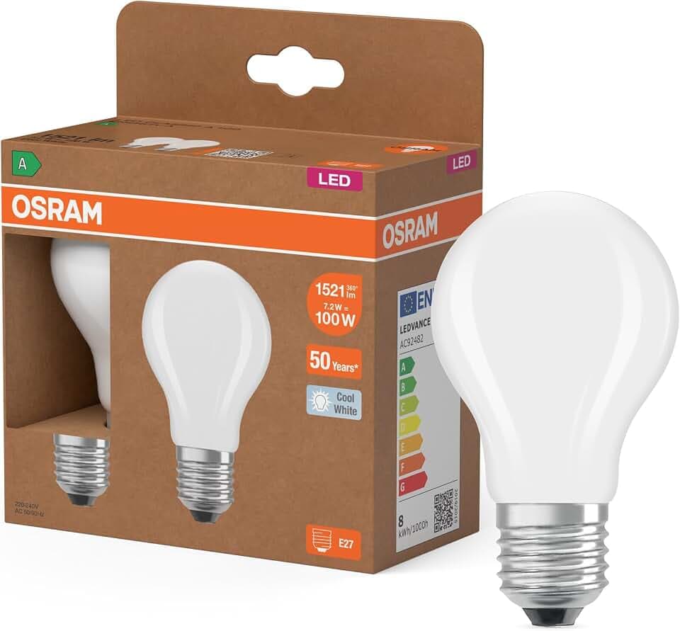 Osram Energy Class LED-Lampe in klassischer Kolbenform, 7.2 W / 1521 lm, EEK A, kaltweißes Licht (4000 K), CRI 80, aus gefrostetem bleifreiem Glas, E27 Sockel, IP20, 60 mm Durchmesser.