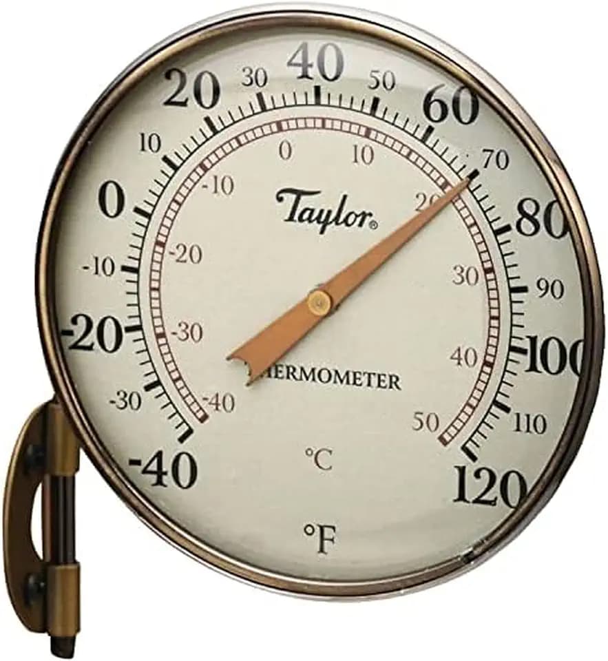 Taylor Heritage Metal Dial Thermometer, Easy to Read Numbers for Patio, Pool, and Indoor Areas, Bronze Trim, 4.25-Inch