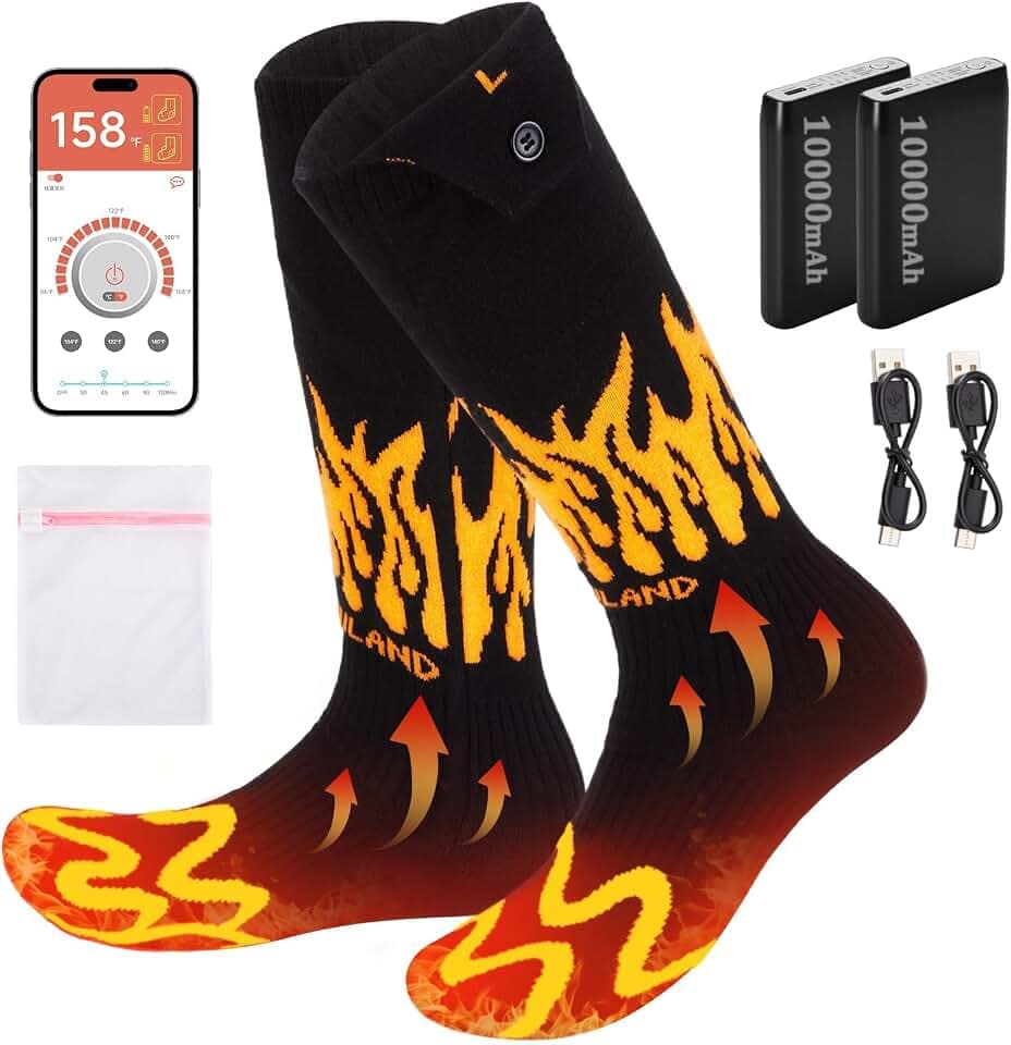 CAMULAND Beheizbare Socken mit App-Steuerung und 10000 mAh Akku für Männer und Frauen, wiederaufladbare Heizsocken, 4-stufig einstellbare Beheizte Socken für Skifahren, Jagen, Camping, Eisfischen