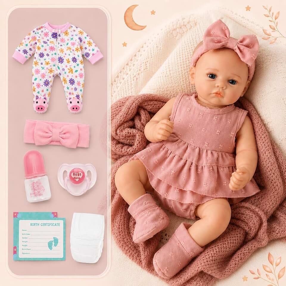 Reborn Baby Dolls Girls with 2 Clothing Sets,18 Inch Lifelike Soft Vinyl Newborn Baby Girl Doll, Christmas Poseable Realistic Baby Doll with Accessories, Birthday Easter Gift for Girls Age 3+
