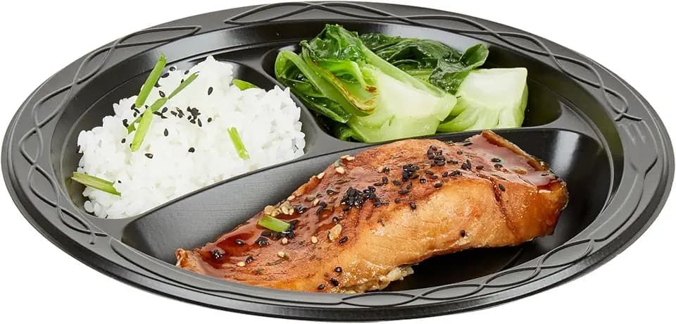 Restaurantware RW Base 9 Inch Microwavable Food Plates, 50 Round Plastic Plates - 3 Compartments, Disposable, Black Plastic Dinner Plates, Serve Hot And Cold Foods, For Restaurants And Cafes