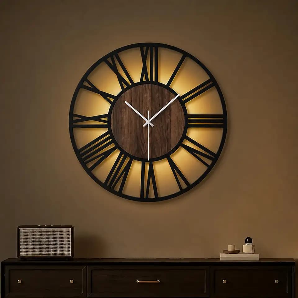 Maxstar 50CM Große Wanduhr Für Wohnzimmer, Batteriebetrieben,Still, Nicht Tickend, Holzstil, Moderne LED-Wanduhr Für Schlafzimmer, Garage, Büro, Esszimmer, Küchendekor (Römische Ziffern, Schwarz-20)