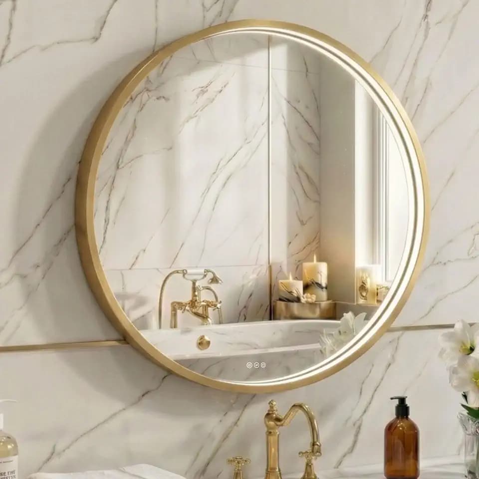 28 Inch Round Bathroom Vanity Mirror with Lights, Gold Framed, Anti-Fog Shatterproof Tempered Glass, Wall Mounted Circle LED Mirror with Dimmable 3 Color Temperature Lights and Memory Function