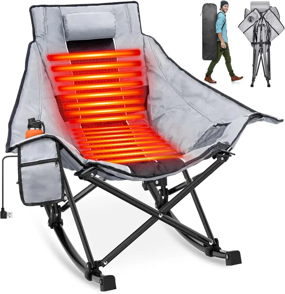Suteck Heated Rocking Camping Chair, XL Oversized Rocking Chair Outdoor with 3 Heat Levels for Back and Seat, Heated Chairs Outdoor Sports for Patio Lawn Picnic Travel, Battery(Not Included)