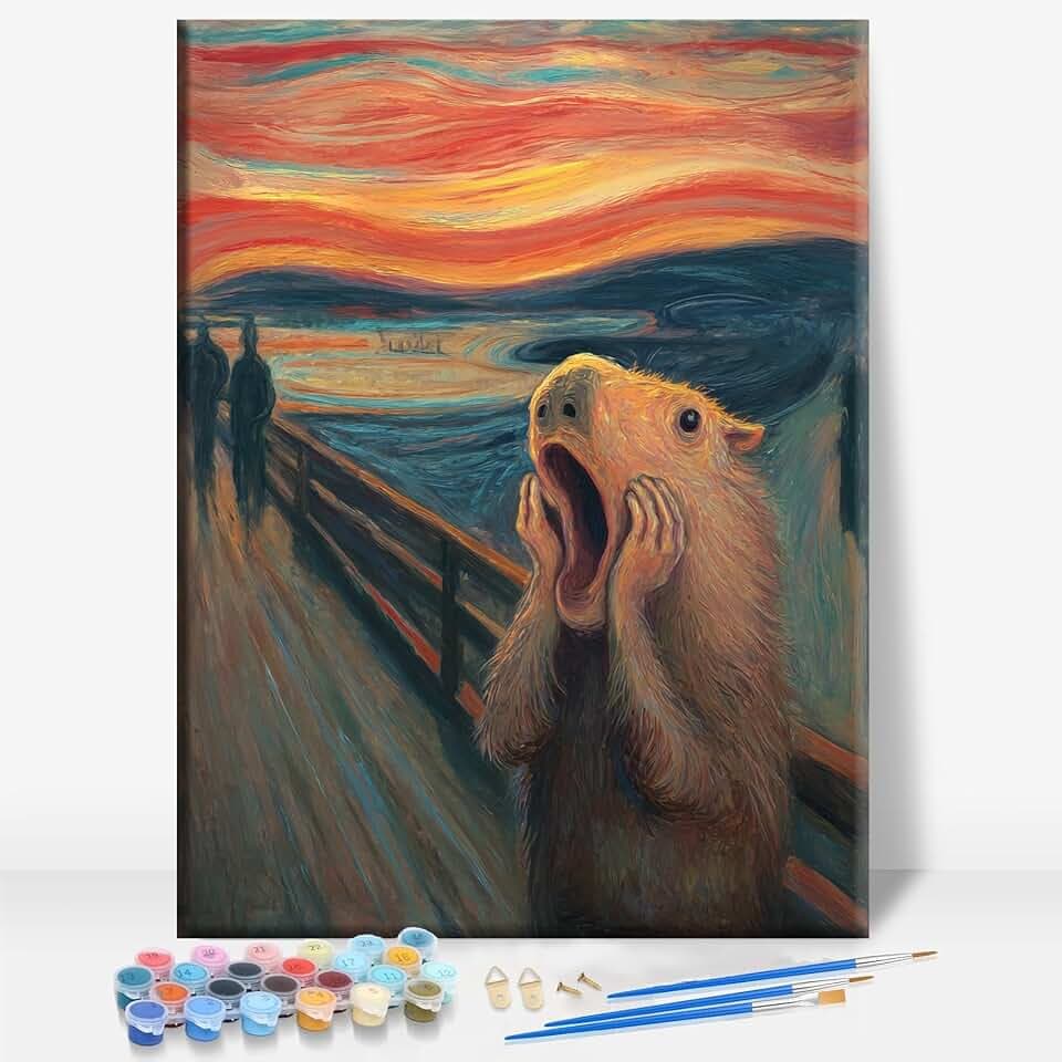 Aeontinity Capybara The Scream Animal Framed Canvas DIY Paint by Numbers Kit Bar Cafe Cave Home Room Wall Bathroom Porch Patio Decor Gift, 16 x 12 Inch