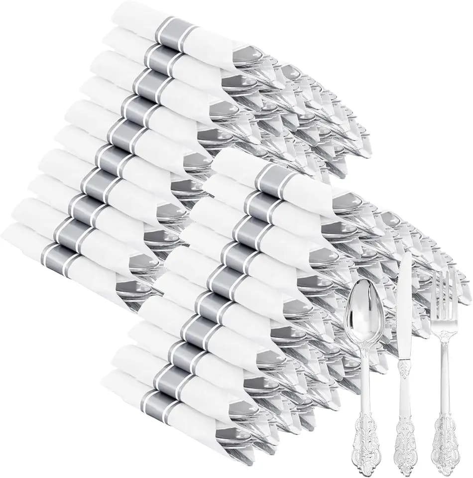 400PCS Pre Rolled Silver Plastic Silverware Sets Fancy for Wedding