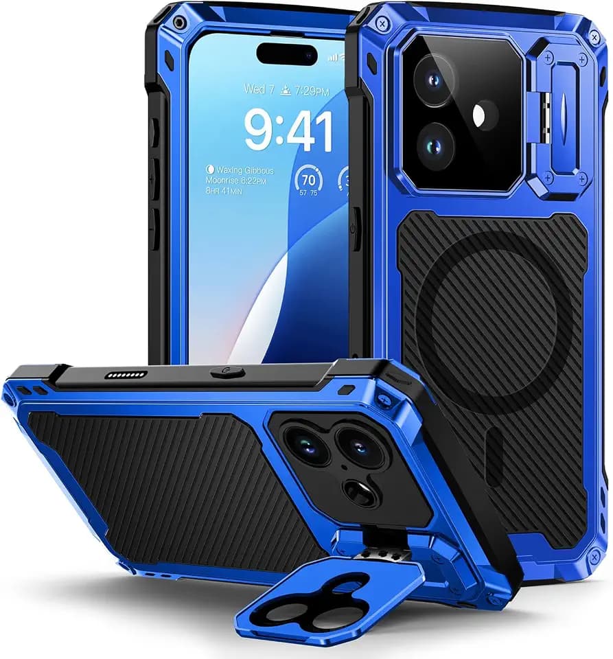 Lanhiem for iPhone 16 Plus Metal Case with Camera Cover & Stand [Compatible with MagSafe] [Built-in Kickstand] [Military-Grade Protection] Heavy Duty Rugged Magnetic Phone Case, (Blue)