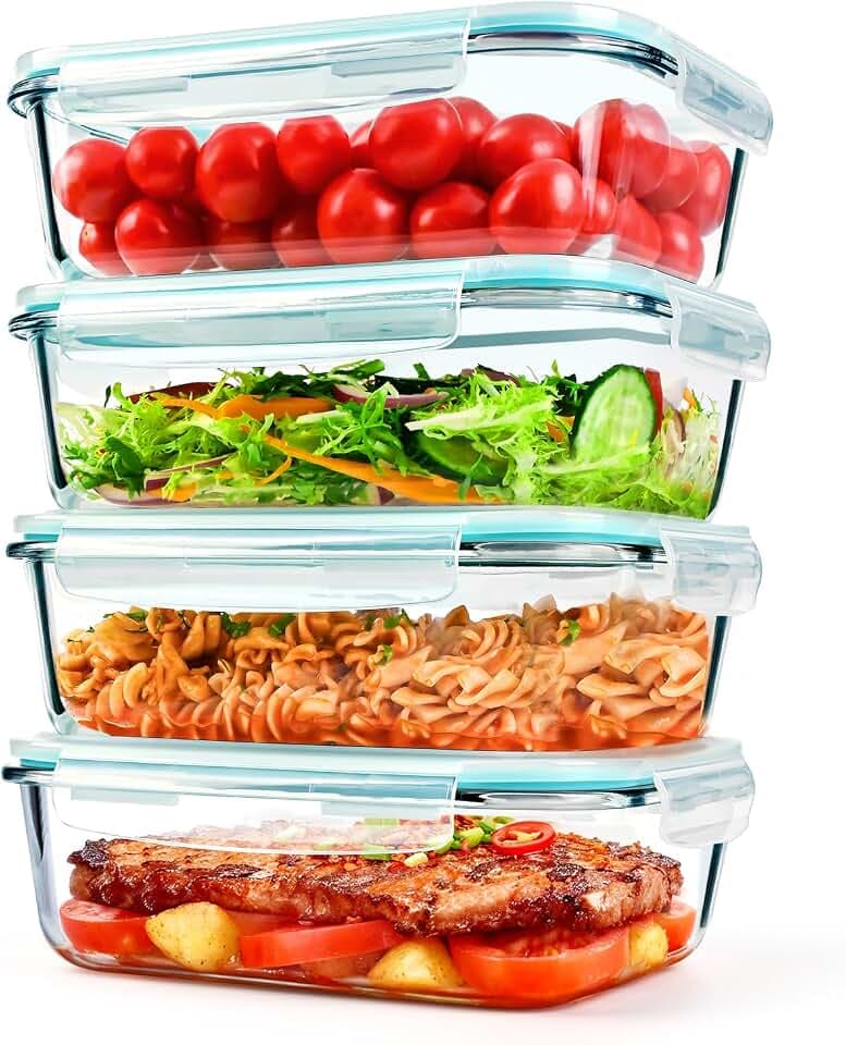 GEHE 4 Pack 52 oz Large Glass Food Storage Containers with Lids - Glass Meal Prep Containers For Baking, Storing, Airtight Lunch Container, Freezer, Dishwasher, Microwave and Oven Safe, BPA Free