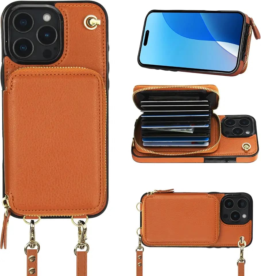 Bocasal Multi-Slot Crossbody Wallet Case for iPhone 16 Pro Max, Brown