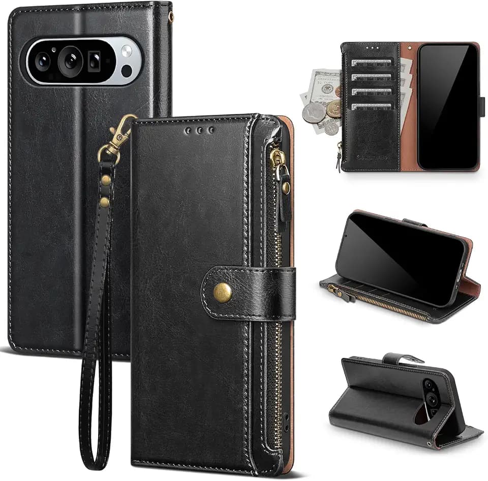 Compatible with Goole Pixel 10 5G Wallet Case with Card Holder,RFID Blocking Zipper Poket PU Leather Flip Cover Wrist Strap Credit Card Slots Men Women,Phone Case for 10 Pro 6.3",Black