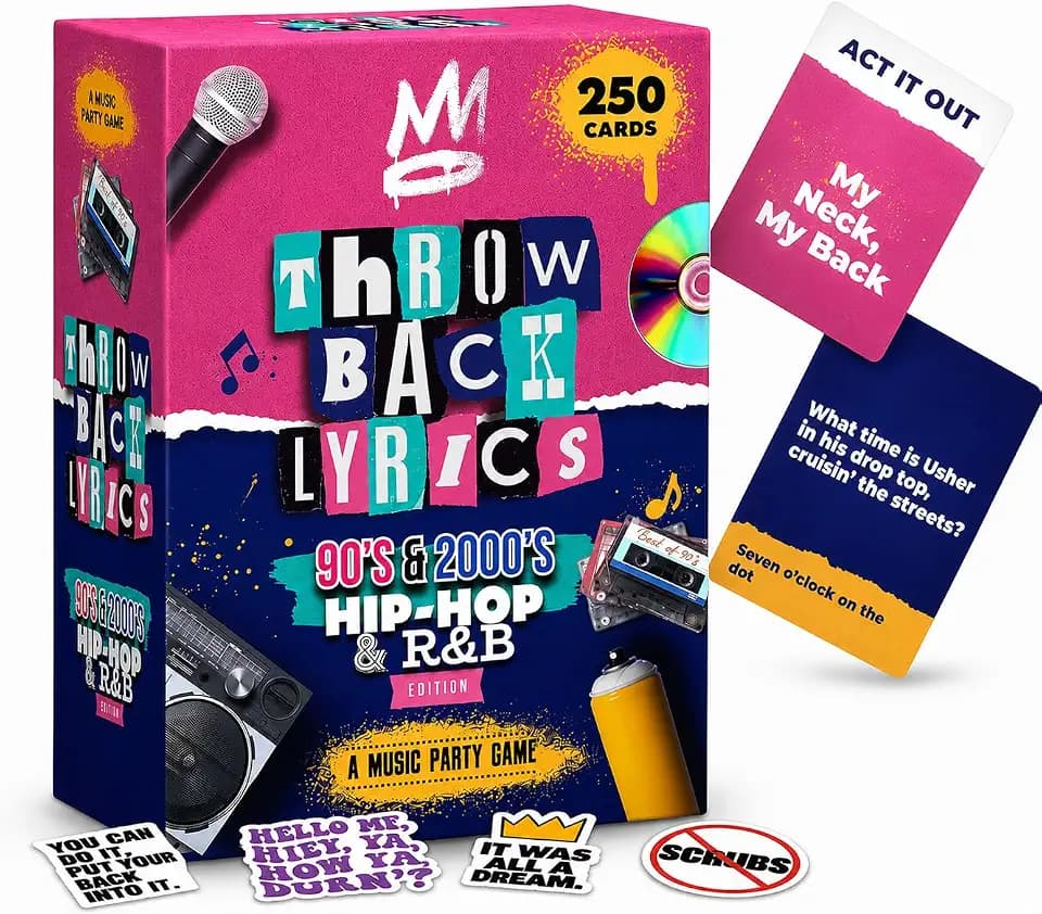 Throwback Lyrics - 90s & 2000s Hip-Hop & R&B Music Trivia Card Game | 250 Cards, Playlist Included, Finish the Lyrics, Charades + Steal Cards | Adult Party Game for Game Night, Girls Night & Gifts