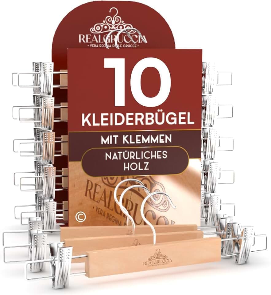 10 Kleiderbügel mit Klammern aus Holz 13x33cm Hosenbügel Röcke Jeans - RealGruccia Polierte Ausführung - 360° Drehbarer Haken aus Widerstandsfähigem Metall und Platzsparende Verstellbare Clips Stabil