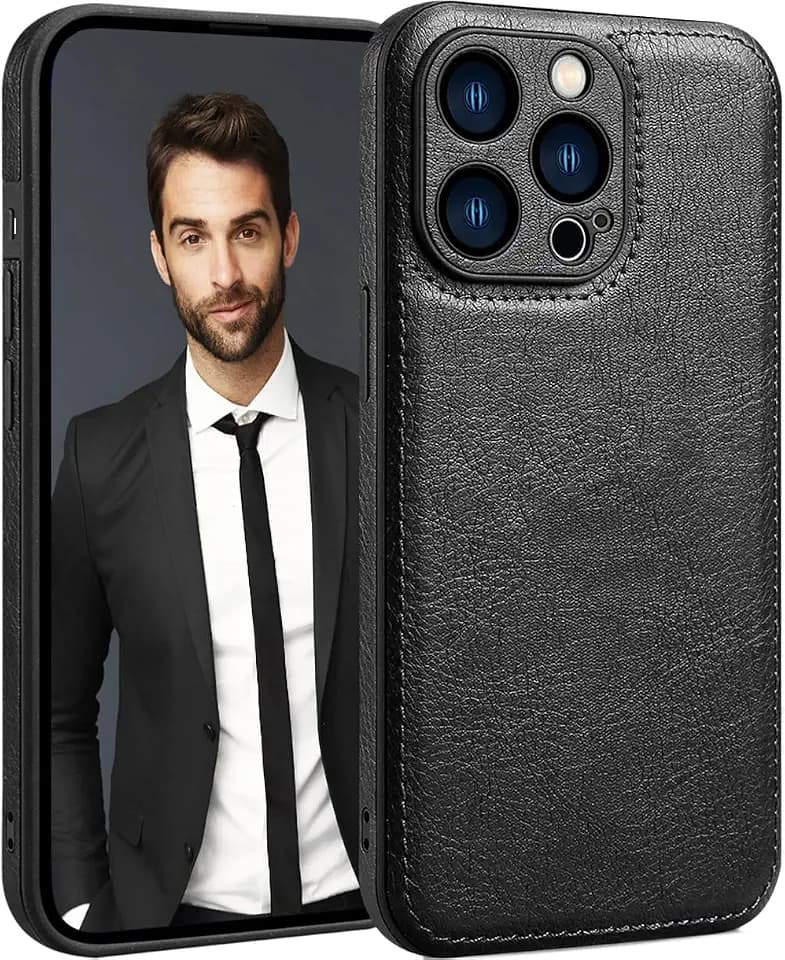 for iPhone 15 Pro Case Leather,Vintage Classic PU Leather Luxury Business Camera Frame Protection Cover,Soft Non-Slip Grip Anti-Scratch Shockproof Case for iPhone 15 Pro(Black)