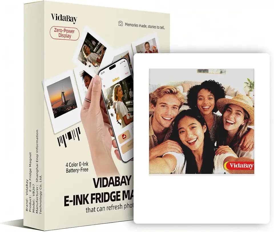 E-Paper Fridge Magnet Classic Plus, E-Ink Battery-Free Instant Photo Style Display, Wireless NFC Picture Frame, Phone-Controlled Acrylic Memo Board for Party/Travel/Home & Gifts, Compatible iPhone 13 and Newer (White)