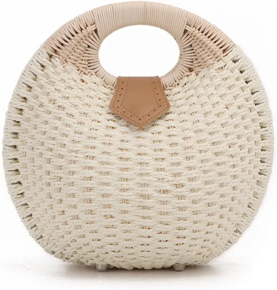 Straw Purses for Women Summer Beach Rattan Tote Bag Round Handle Ring Handbag Retro Handmade Woven Shell Bag