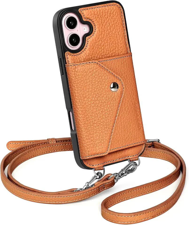 LUCKYCOIN Genuine Leather Crossbody Wallet Phone Case for iPhone 16 Plus