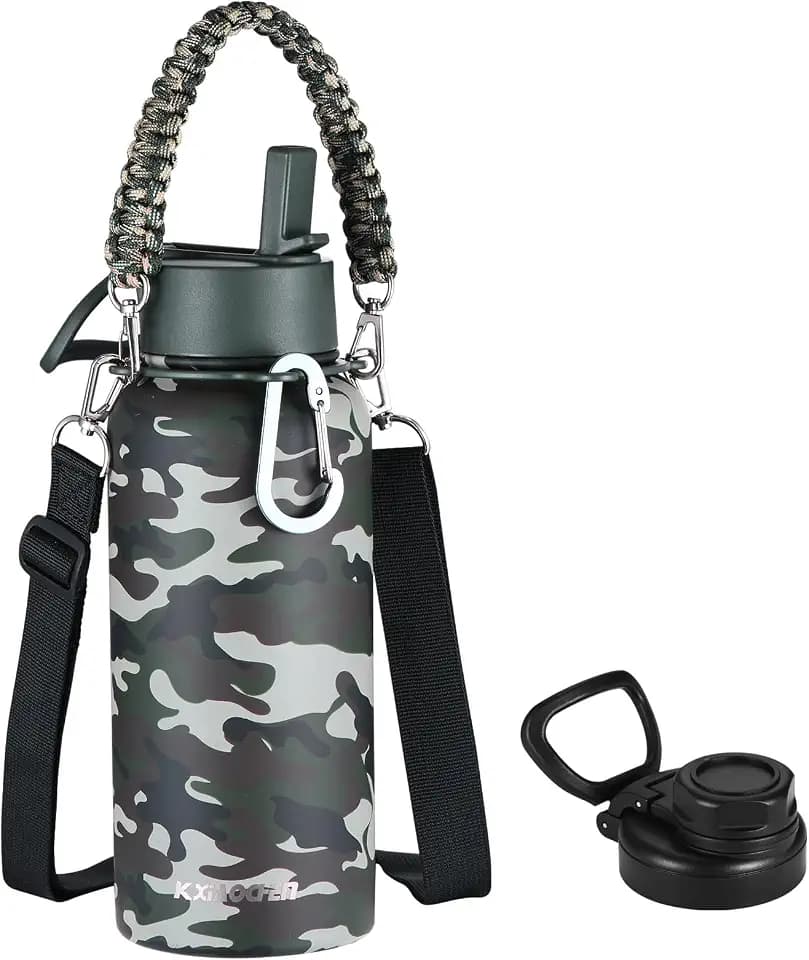 KXIAOCHEN Insulated Water Bottle with Strap, 48-Hour Cold, 2 Lids