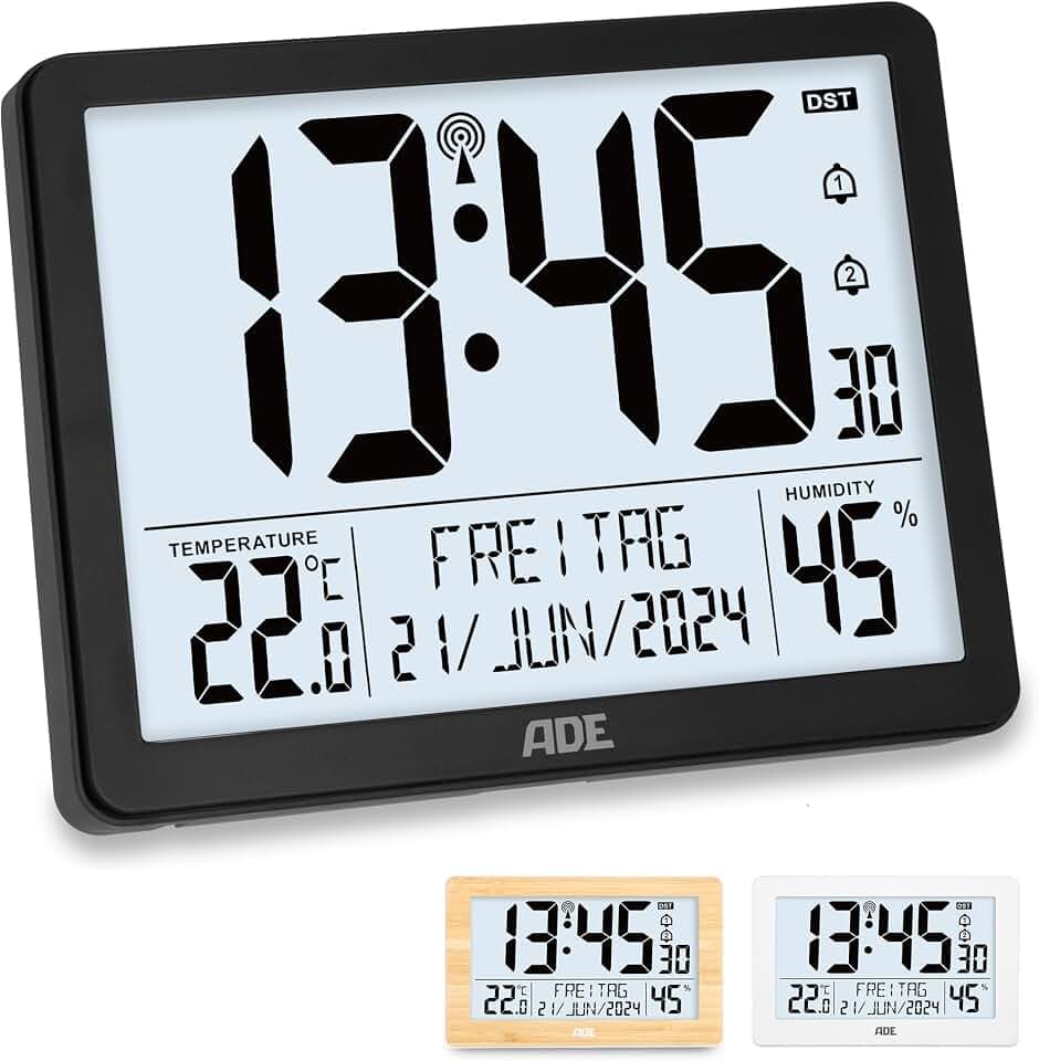 ADE Digitale XL-Funkuhr mit sehr großen Ziffern | Tischuhr Wanduhr mit 2 Weckzeiten und Beleuchtung | Thermometer Hygrometer | schmaler Rahmen in matt schwarz