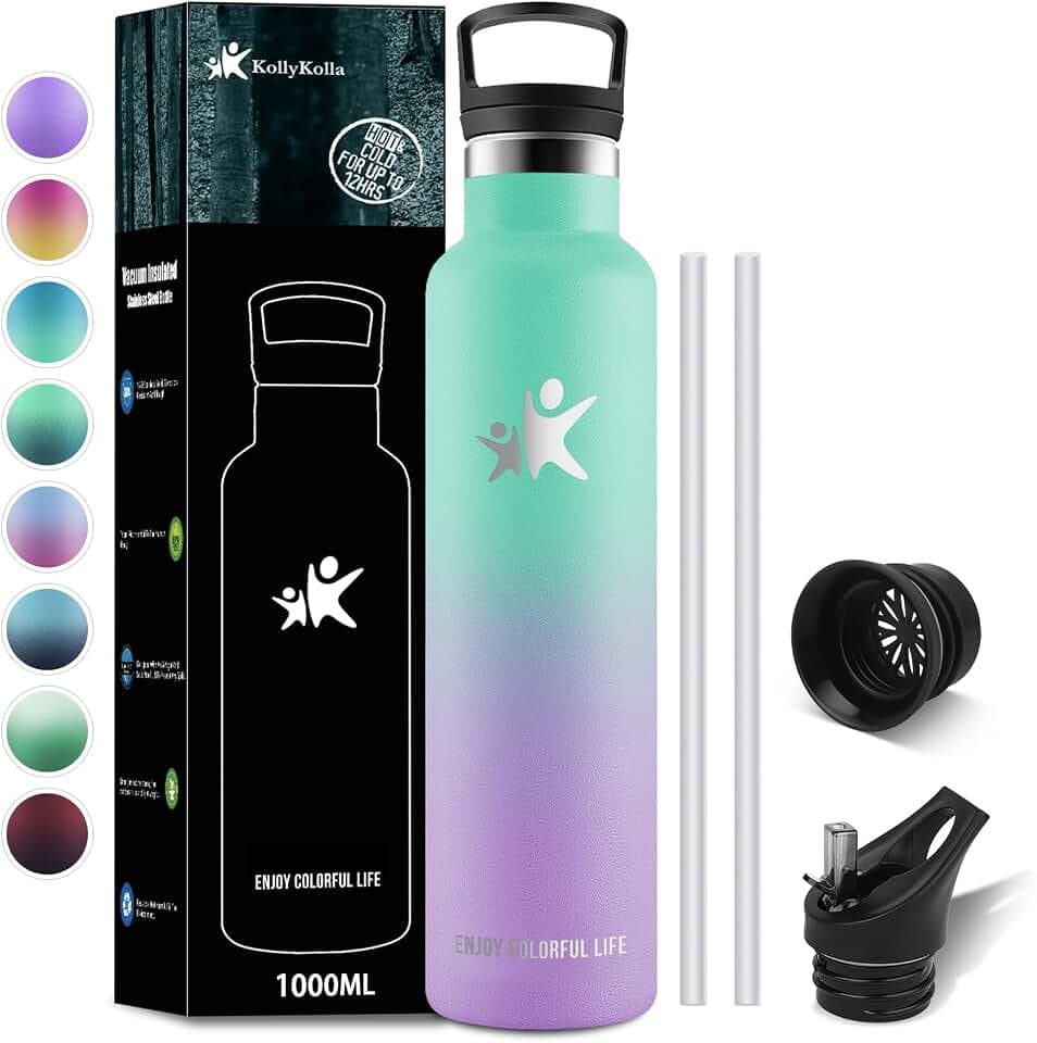 KollyKolla Trinkflasche 1L Edelstahl, Vakuum Isolierte Thermosflasche, Wasserflasche mit Strohhalm, Thermoskanne Auslaufsicher, Kohlensäure Geeignet, für Erwachsene, Sport, Fahrrad, Reisen