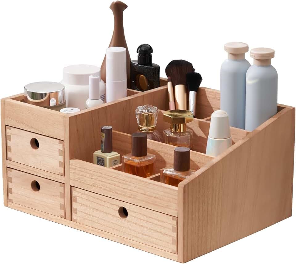 KIRIGEN Wooden Makeup Organizer with 3 Drawers, Cosmetic Storage, Natural
