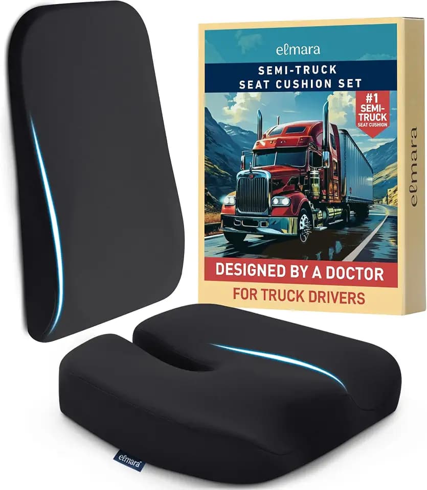 Elmara Doctor-Designed Semi-Truck Seat Cushion for Truck Driver – The Ultimate Comfort Solution for Long-Haul Drivers – Trucker Seat Cushion & Back Support – 2-Piece Ergonomic Set (Black)