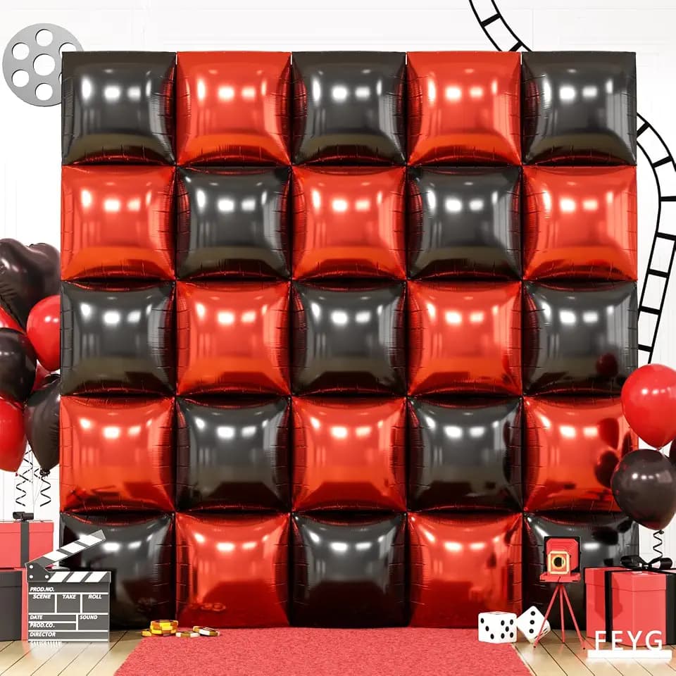25PCS Red Black Gold Square Foil Balloons Wall Backdrop