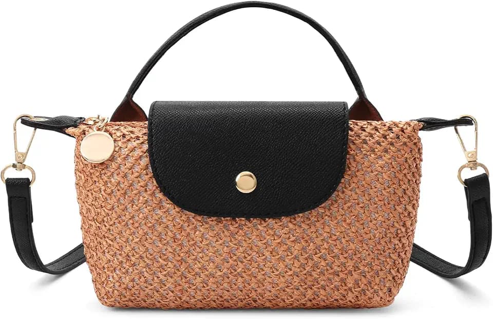 RNIEGA Mini Straw Braided Handbag for Women Leather Lightweight Crossbody Bag Fashion Handle Beach Shoulder Purse Phone Bag