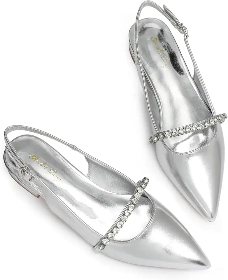 Elisabet Tang Women Slingback Flats with Rhinestone Pointed Toe Flats for Women Dressy Shoes
