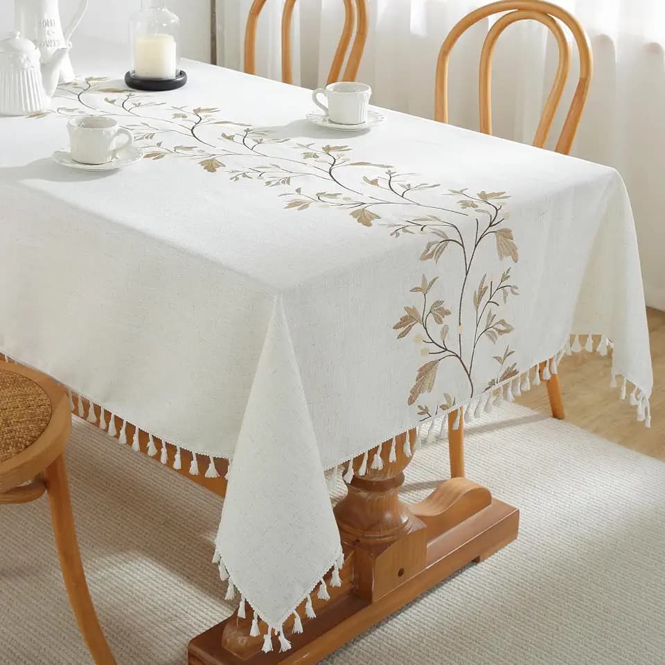 Alsoo Embroidered Tablecloth Rectangle 55 x 106 Inch, Farmhouse Otanical Floral Table Cloth Waterproof Washable Cotton Linen Fabric for Thanksgiving Spring Fall