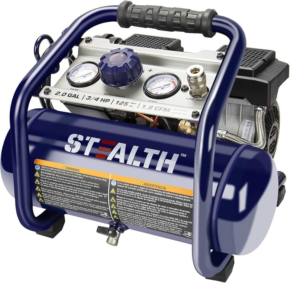 Stealth Air Compressor 2 Gallon, 3/4 HP Oil-Free Compressor, Less than 60dB Ultra Quiet Electric Air Compressor,Max 125 PSI Pressure for Tire Inflation,Nailing,Home DIY Project(SAQ-1234)