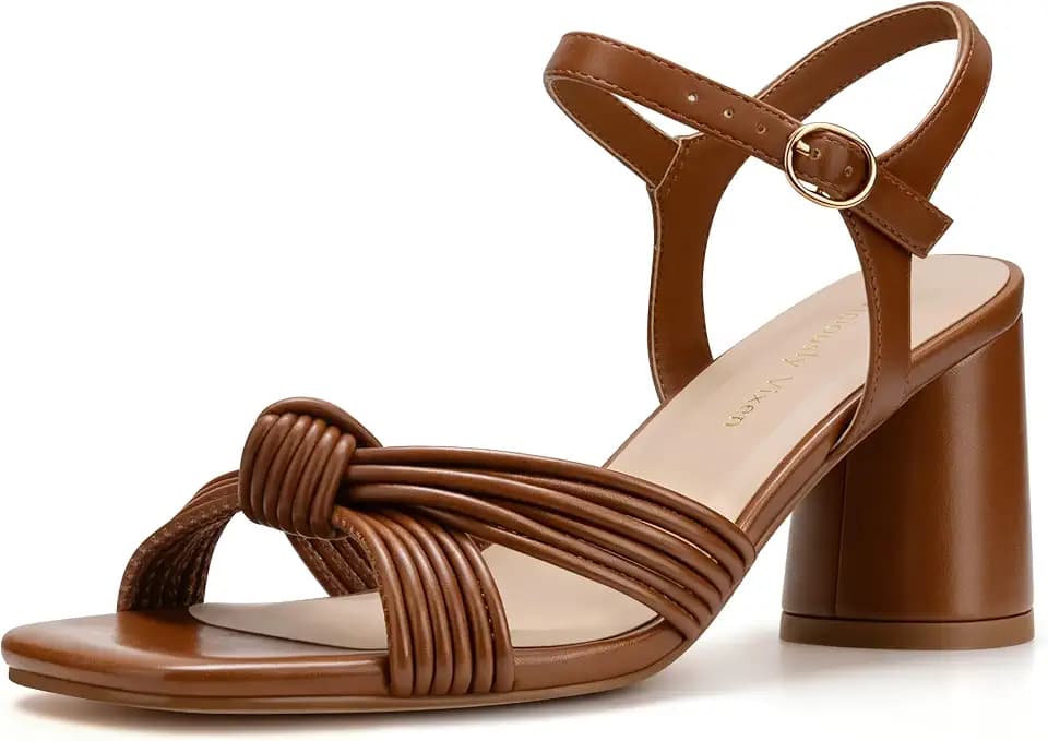 Women's Square Toe Strappy Braided Knotted Heeled Sandals Ankle Buckle Chunky Heel