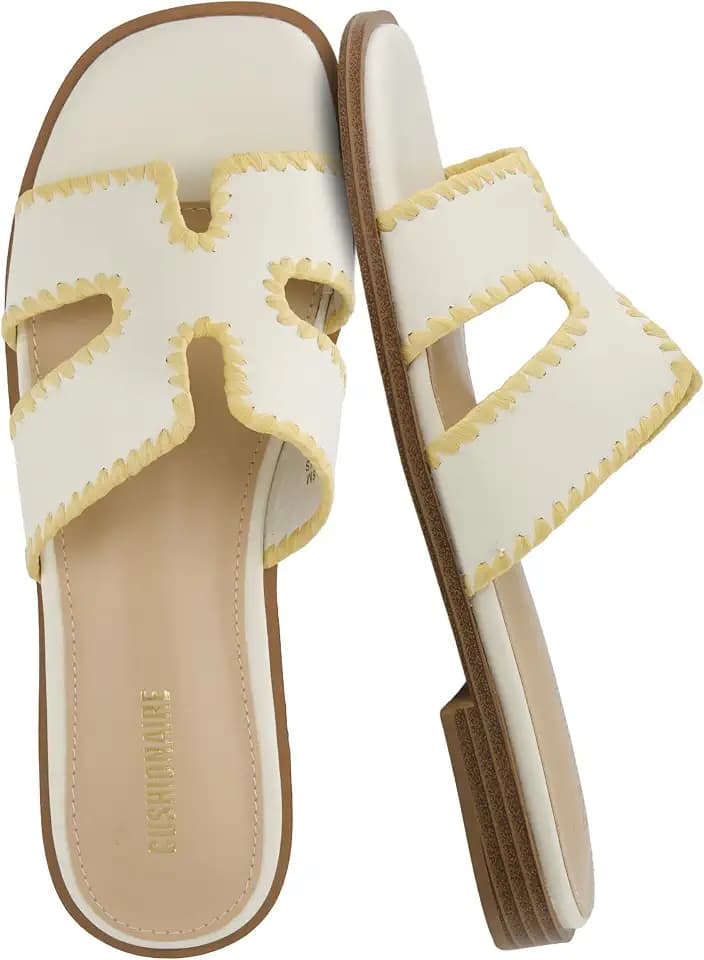 CUSHIONAIRE Voyage Cutout Strap Slides for Women, Slip On Summer Flats, Trendy Footwear, Memory Foam Vegan Leather Comfortable Vacation Style Sandals