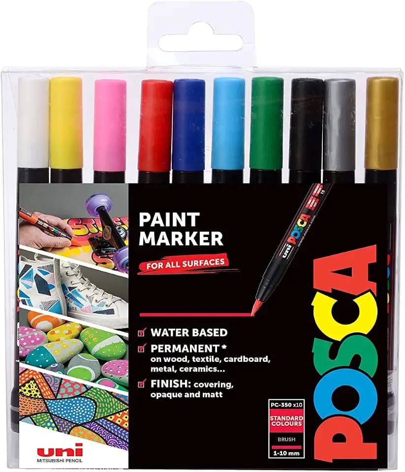 POSCA 153544849 PCF-350 „Paint in a Pen“-Set, 0,1-10 mm breite Pinselspitze, wasserbasierte Filzstifte, 10 Farben