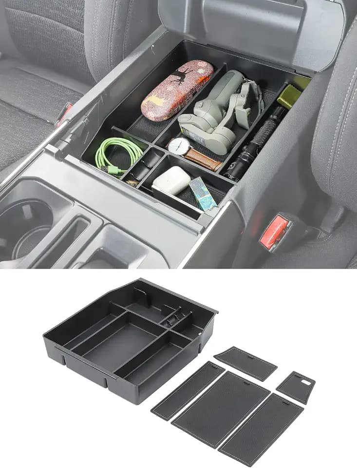 Savadicar Center Console Organizer for Only for 2015-2025 Ford F150, Bucket Seat Console with Rear Cup Holders, Fit for No Raised Sections Inner Corners, ABS Armrest Storage Tray Interior Accessories