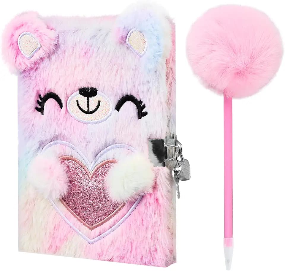 Plüsch Notizbuch Mädchen mit Schloss, Tagebuch mit Plüsch Bär (Rosa)