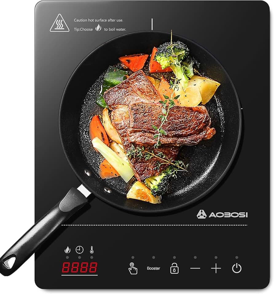 Aobosi Induktionskochfeld 1 Platte,Induktionskochplatte mit Booster-Funktion, 20 Leistungsstufen und Temperaturstufen,Kompakte Größe,2000W Tragbares Induktionskochfeld,10H-Timer,Schwarz