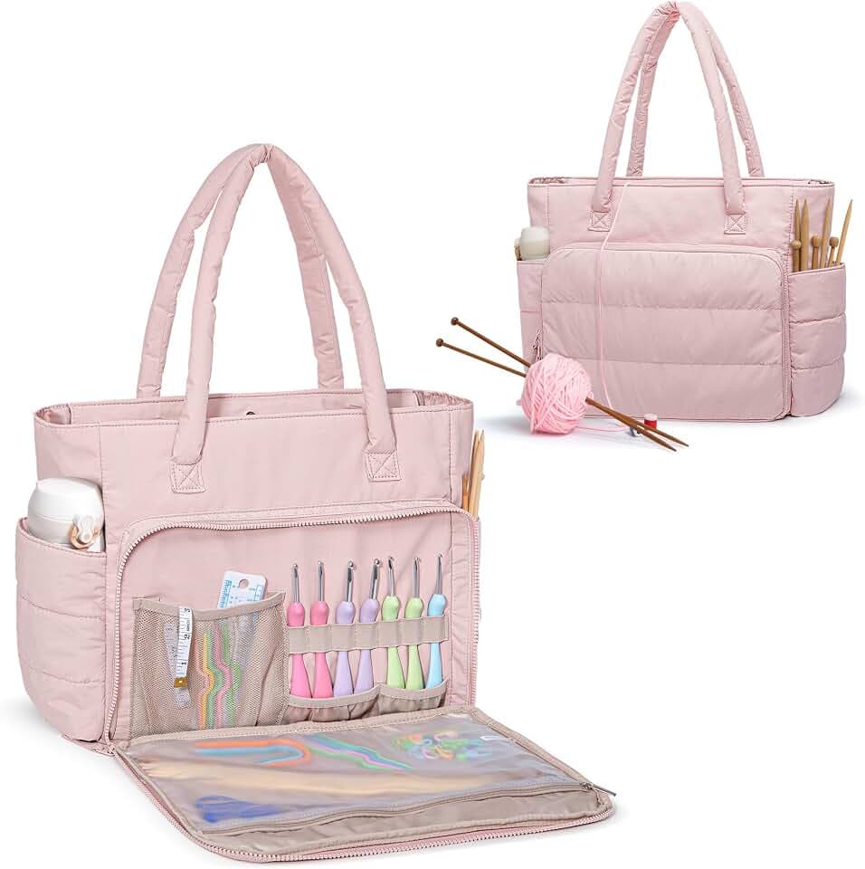 Teamoy Knitting Bag Tote, Crochet Bag Organizer, Yarn Storage, Pink