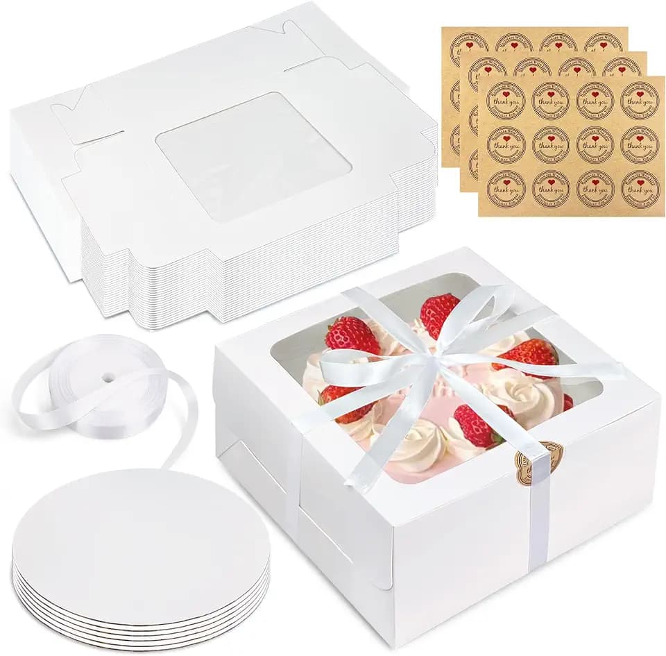 KEEPARTY 28PCS 8x8x4 Inches White Bakery Boxes with Window Bulk Cardboard Pastry and White Cake Round Boards ribbon and stickers for Cookies Pies Gifts and Birthday Party Elegant Pastry Boxes